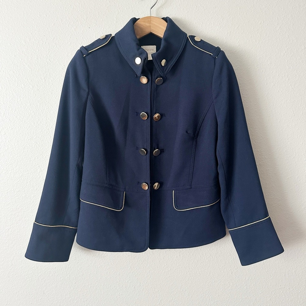 Chico's Size 1 Navy Military Gold Button Blazer Women's Size Medium Size 8